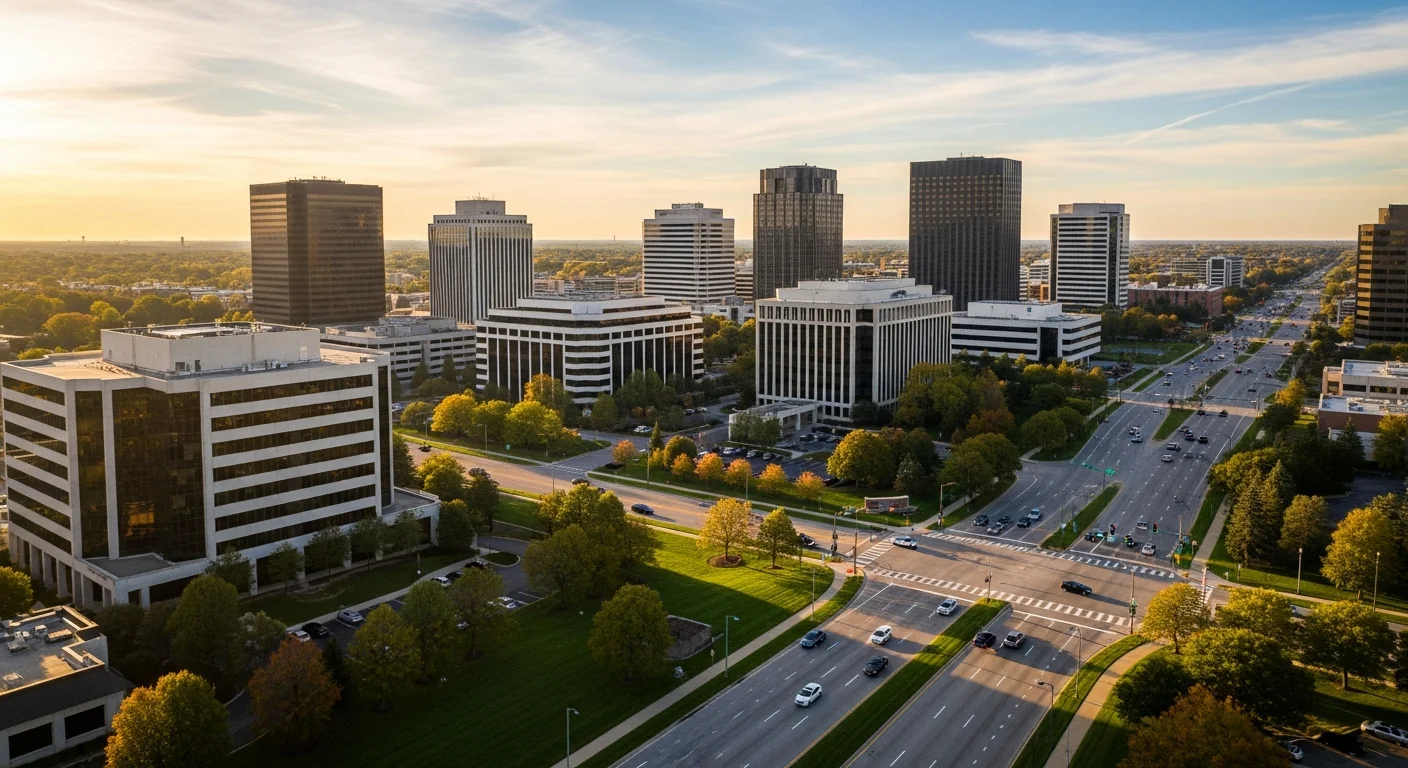 Aerial view of Oak Brook Illinois business district